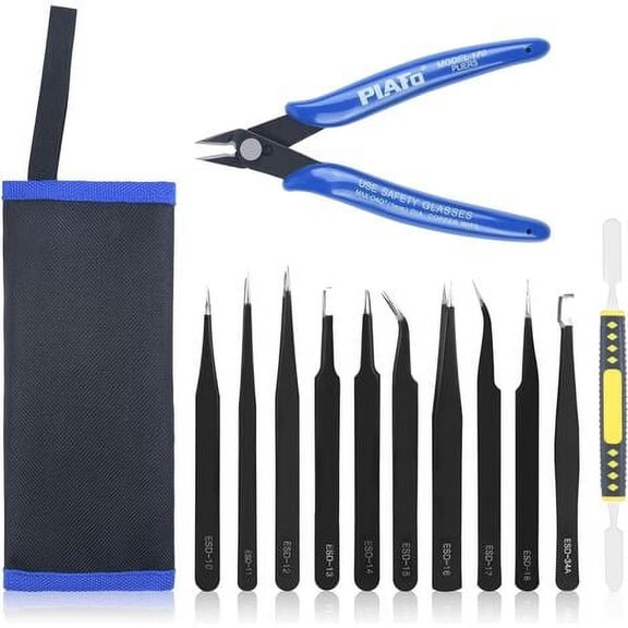 Tweezers, 12PCS ESD Precision Tweezers and Micro Wire Cutters Kit, Anti-Static Tweezers for Modeling, Electronics Repair, Crafts, Lab, Jewelry Making