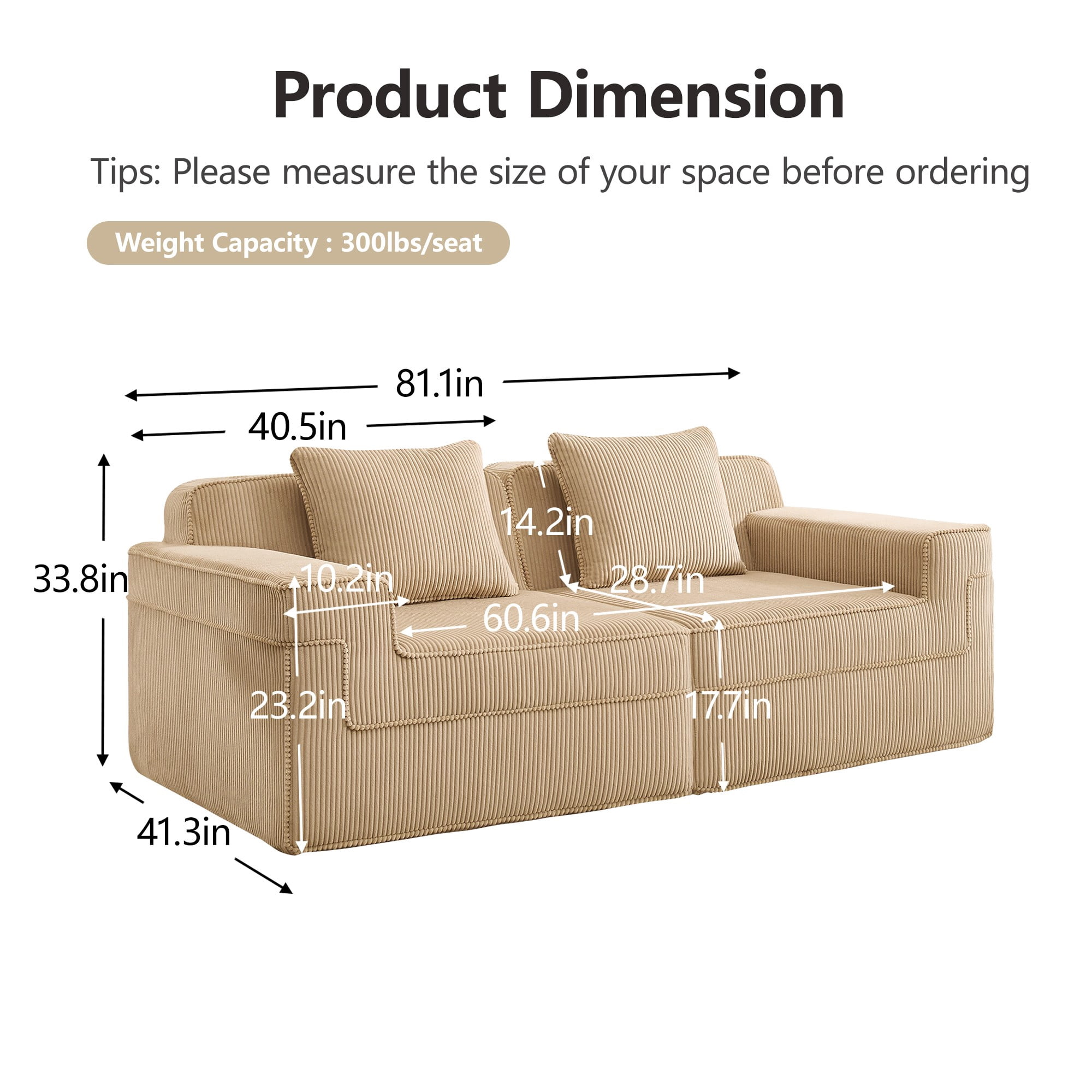 DEALTOPS 81" Modern Corduroy Floor Sofa, Modular 2-Seater Cloud Couch with Deep Seats & 2 Pillows, Beige