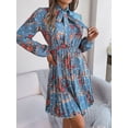 thumbnail image 3 of EASYBRAUS Women Floral Chiffon Pleated Midi Dress V Neck Long Sleeve Spring Summer Dress, 3 of 7
