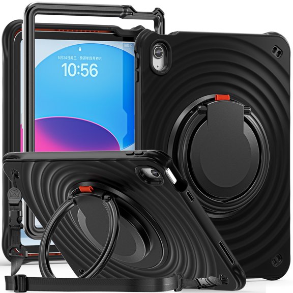 Dteck Case for iPad 11-inch (A16) 2025 /iPad 10th Generation 10.9 inch 2022,Heavy Duty Silicone PC Case Shockproof Handle Grip Kickstand Cover with Shouldler Strap for iPad 10th/11th Gen,Black
