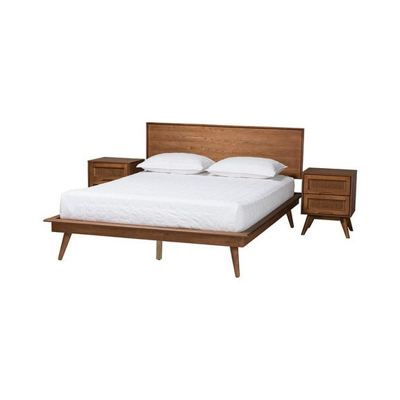 Baxton Studio Walnut Brown Finished Wood and Rattan Full Size 3-Piece Bedroom Set