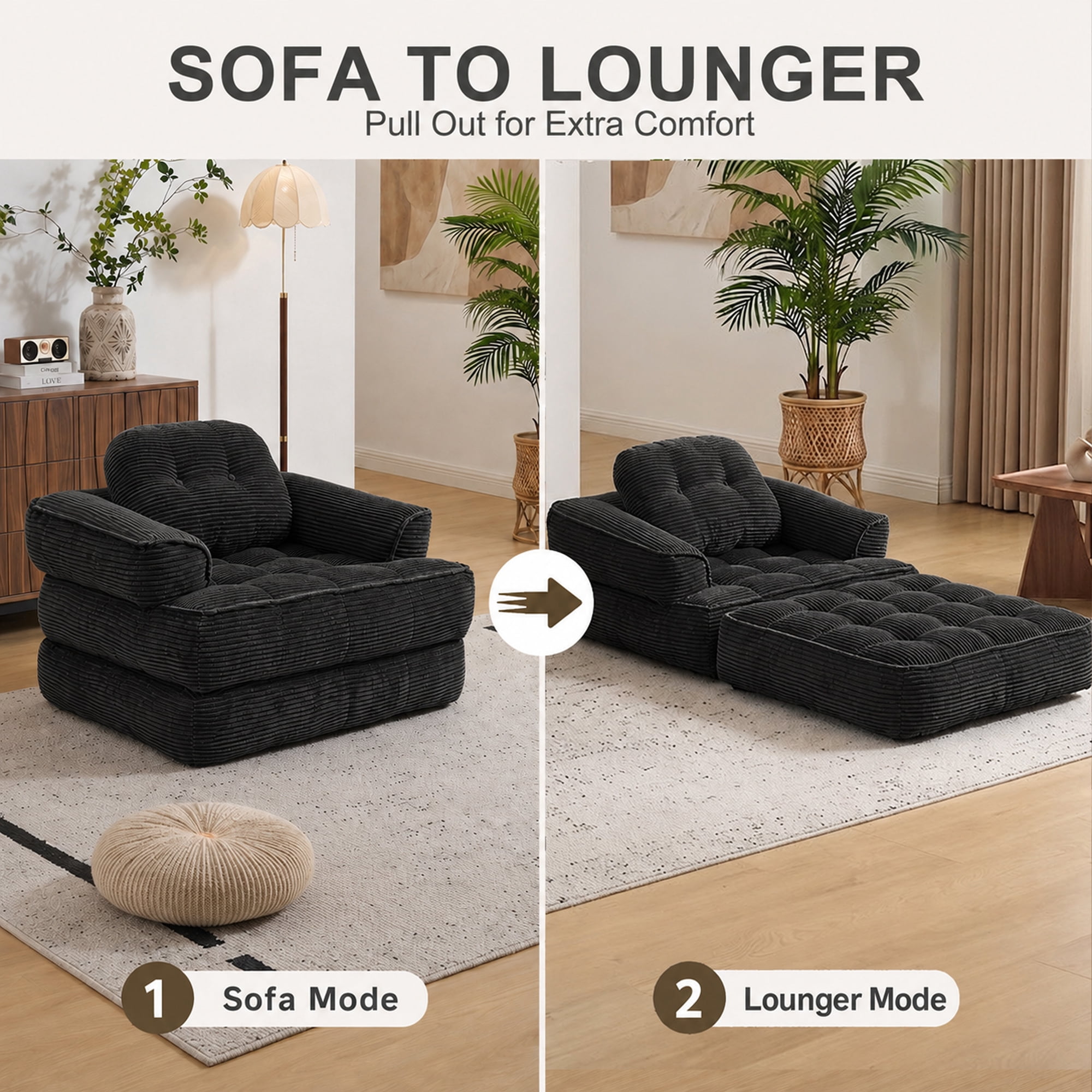 Leumius Folding Sofa Bed, Convertible Sofa Bed with Armrest, Corduroy Boneless Foldable Bed, 2-in-1 Portable Sofa Bed with Pillows for Bedroom, Living Room, Homestay, Game Room Black