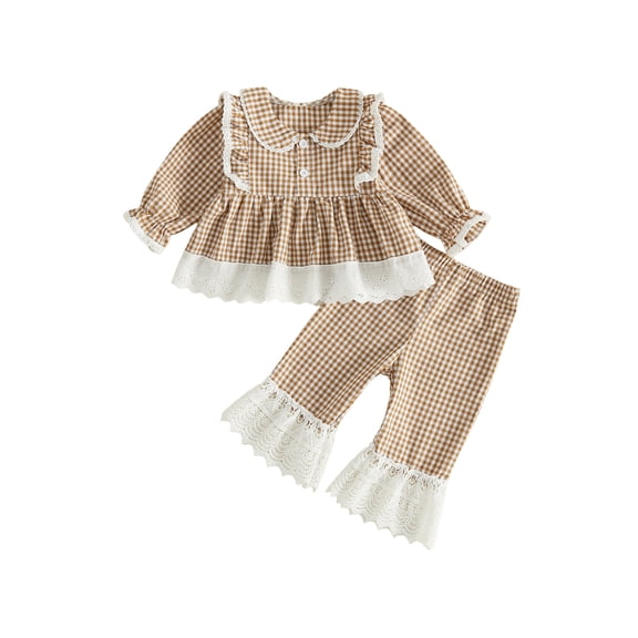 Loicainy Baby Toddler Girl Plaid Outfits 3 6 12 18 24 Months 2T 3T Long Sleeve Lace Trim Doll Collar Tops Flared Pants Clothes Set