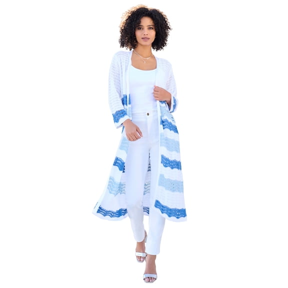 Roaman's Women's Plus Size Long Pointelle Cardigan Sweater