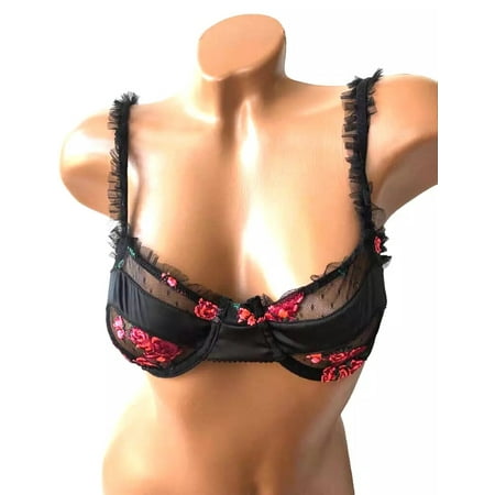 VS For Love & Lemons Black with Embroidered Roses Satin & Lace Bra Small NWT