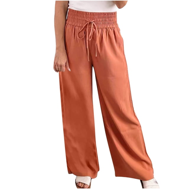 Birdeem Fashion Womens Spring and Summer Versatile Wide Leg Tunneled Waist Solid Color Lace Up Wide Leg Pants