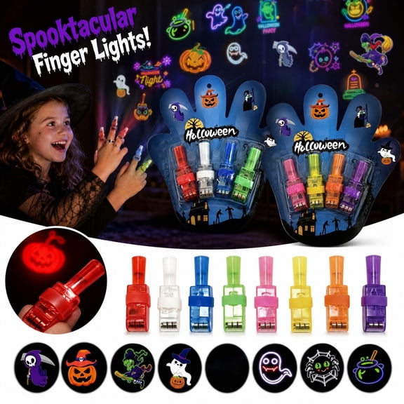 Halloween Finger Lights 4 Pack, LED Projector Flashlights with Ghost & Pumpkin Patterns, Glow in the Dark Party Favors for Goodie Bags,A