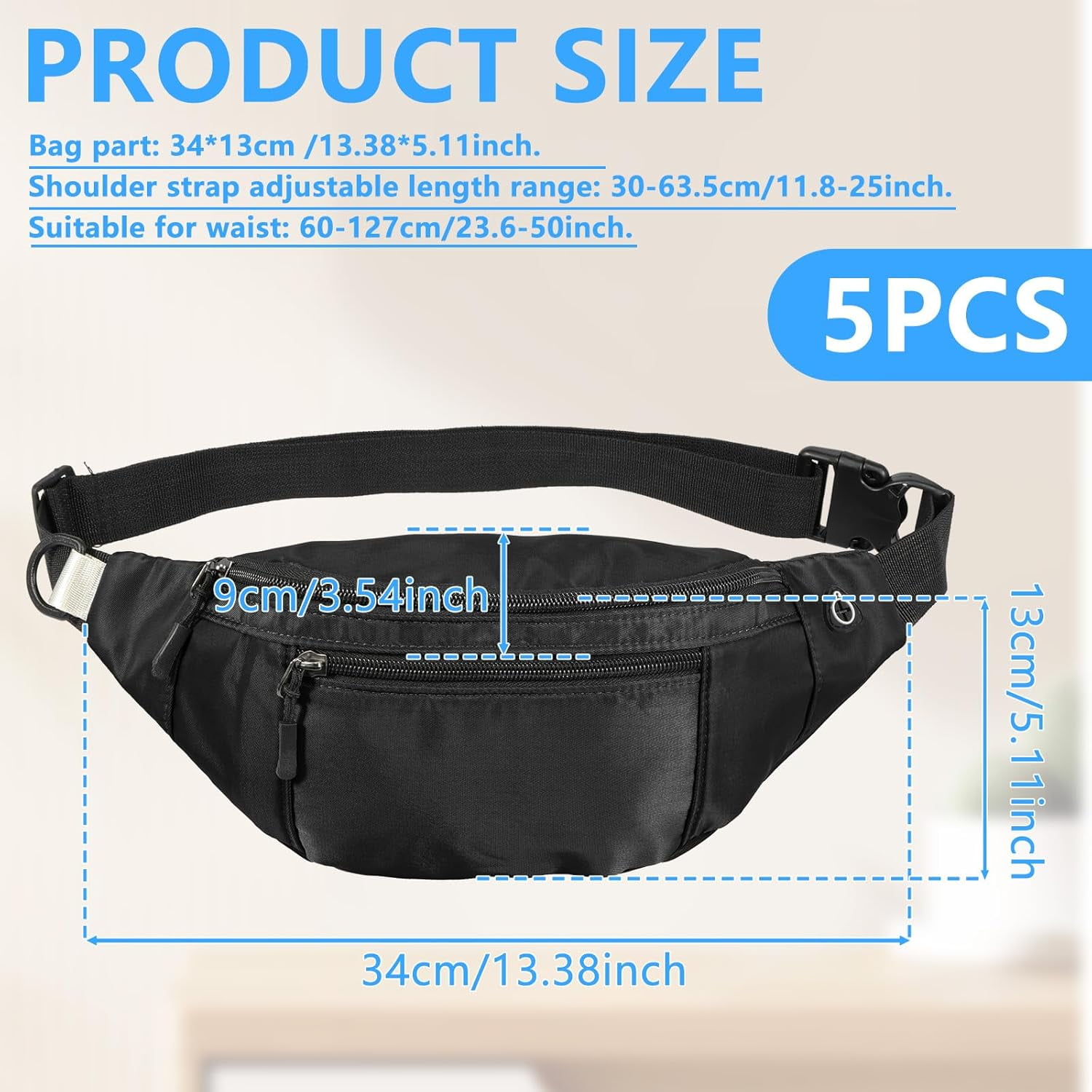 Kwuty 10PCS Crossbody Fanny Pack Large Capacity Waist Bag with Hidden Zipper Pockets Adjustable Strap Fanny Packs Waterproof Oxford Cloth Travel Belt Bag for Outdoor Shopping Travel Men Women,Black