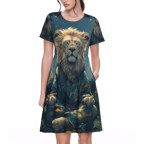 Balery Starry Sky Meditating Lion Vestidos sueltos de manga corta para mujer, vestidos de verano 2025, vestidos casuales de corte A con vuelo.