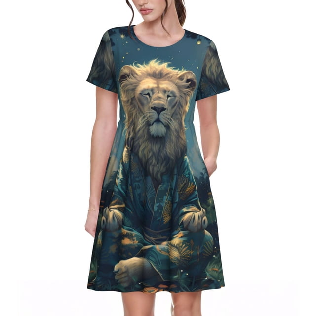 Balery Starry Sky Meditating Lion Vestidos sueltos de manga corta para mujer, vestidos de verano 2025, vestidos casuales de corte A con vuelo.