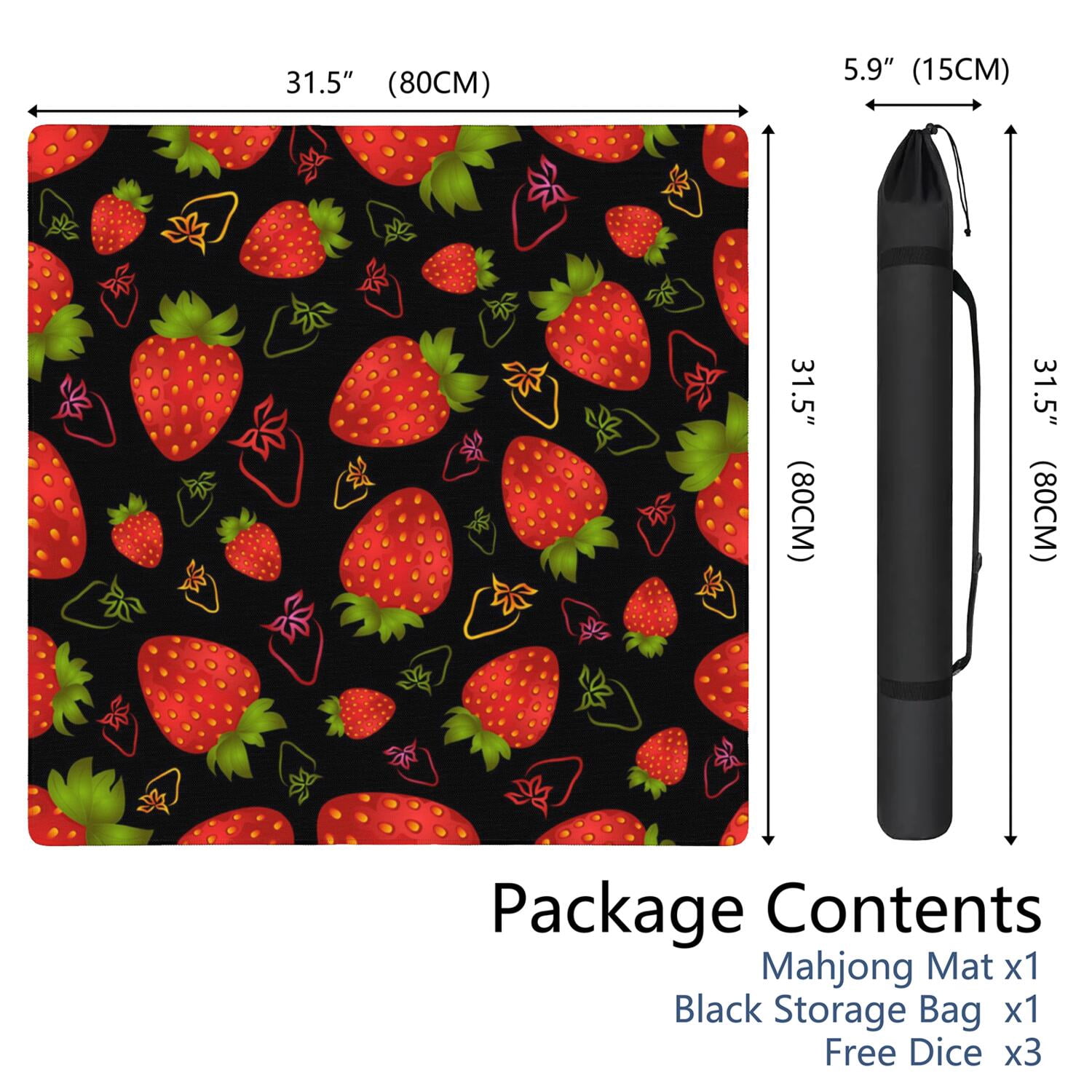 Strawberry Mahjong Mat with Rules, 31.5*31.5in Anti Slip American Mahjong Mat for Table, Noise Reduction, Neoprene Mah jongg Mats with Carrying Bag & 3 Dices, Mahjong Sets Gift, Board Tile Games Mats