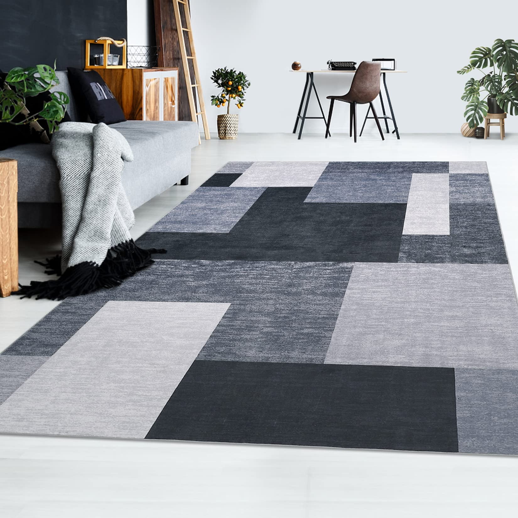 MCOW Area Rugs for Living Room 4x6 Machine Washable Bedroom Rugs Distressed  Vintage Print Gray Large Throw Rug Dining Room Aesthetic, Non Slip Carpet  with Gripper 