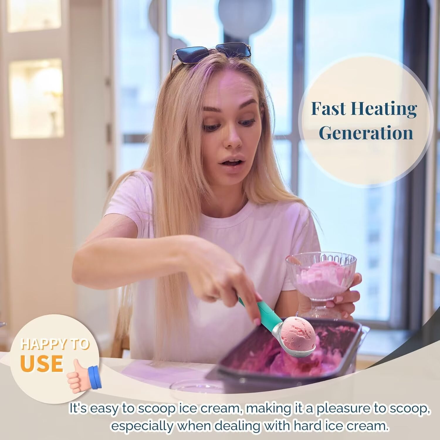 Heated Ice Cream Scoop, USB Rechargeable Electric Scooper with LED Display, Heats to 158°F for Hard Ice Cream, Easy for Seniors & Kids, IP69 Waterproof-Retro Mint