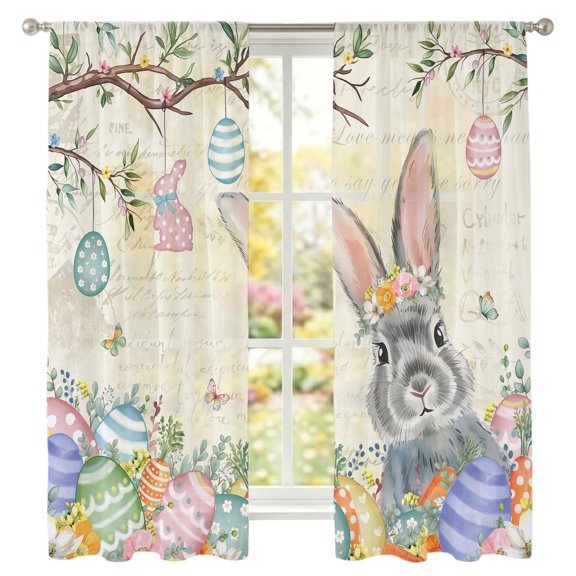 Easter Rabbit Sheer Curtains 63 Inch Long 2 Panels Spring Floral Eggs Branches Beige Background Light Filtering Rod Pocket Curtains, Sheer Voile Drapes for Living Room Bedroom 52"x63"