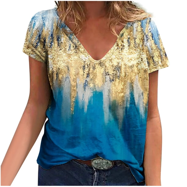 Camisetas con estampado floral con cuello en V para mujer Blusas femeninas cómodas a la moda Tops OAVQHLG3B Store lin121212