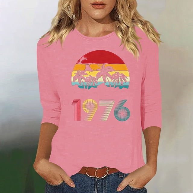 Uootdi Hauts pour Femmes Manches 3/4 Col Rond Imprimé Palmier Coucher de Soleil 1976 Coupe Décontractée Rétro Plage Vacances T-Shirts Cadeau