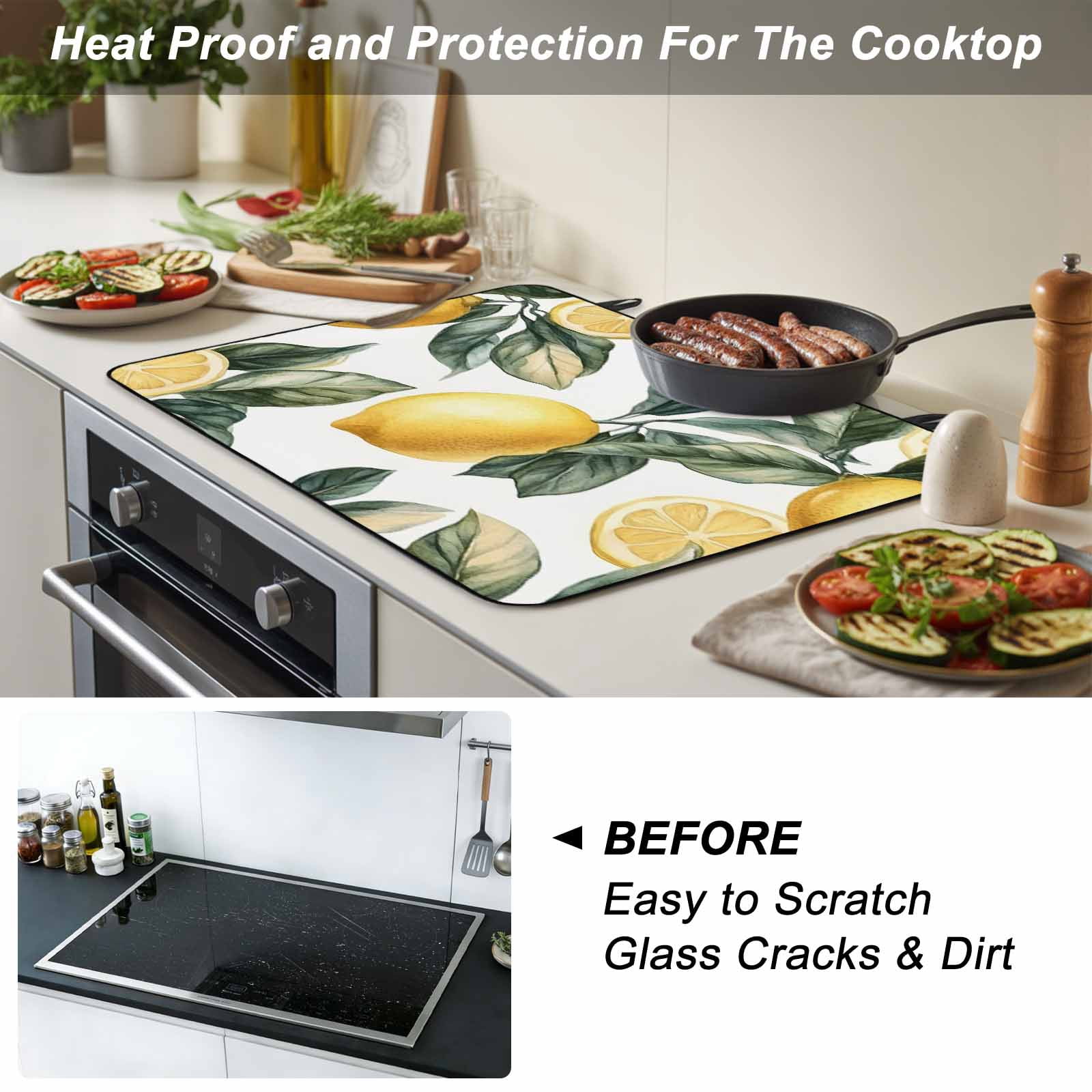 Lemon Stove Top Cover for Electric Stove, Heat-proof & Non Slip Glass Top Stove Cover Protector, Summer Yellow Fruit Country Spring Leaf Plant Kitchen Flat Cooktop Rubber Mat 24x21 Inches