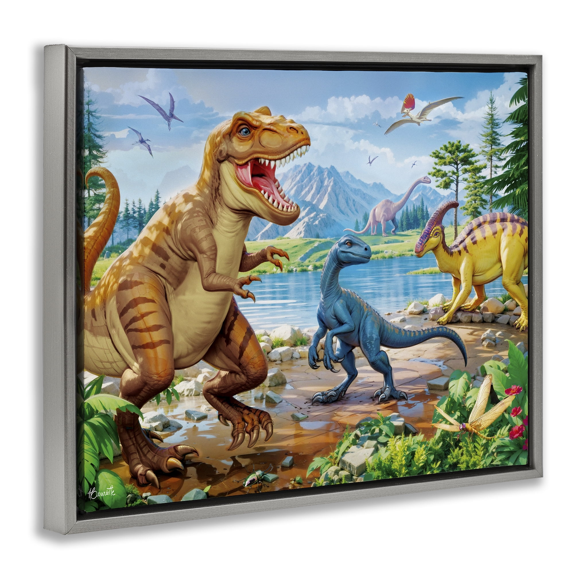Stupell Industries Lush Jurassic Lakeside Gray Framed Floater Canvas Wall Art, design by Henriette Chinaglia