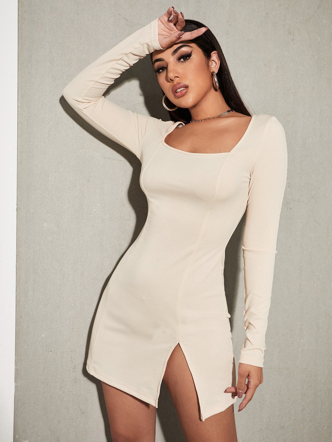 Square Neck Slit Hem Rib knit Dress 