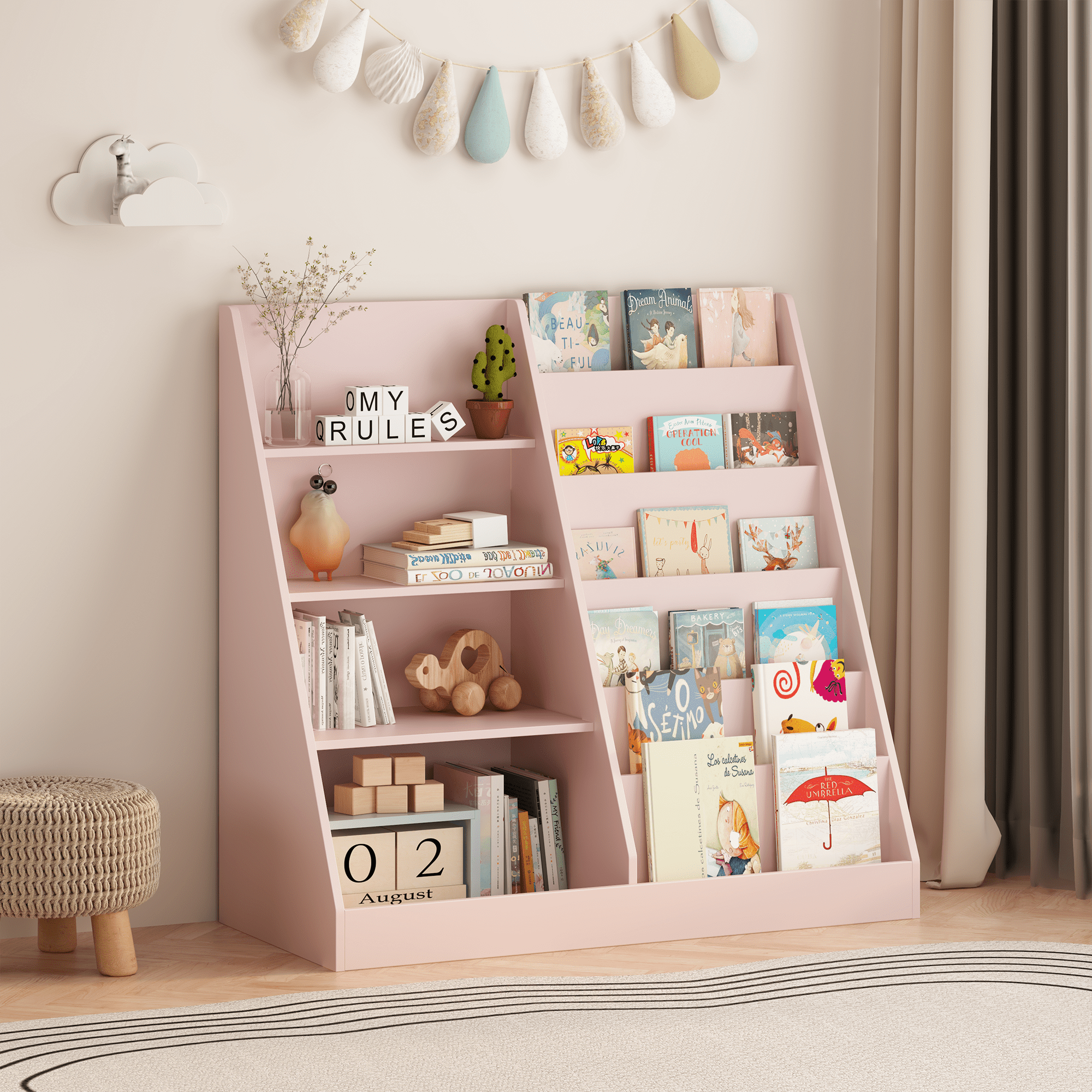 Pink Kids Bookshelf with Toy Storage Bin 2-Tier Display Childrens Room Organizer