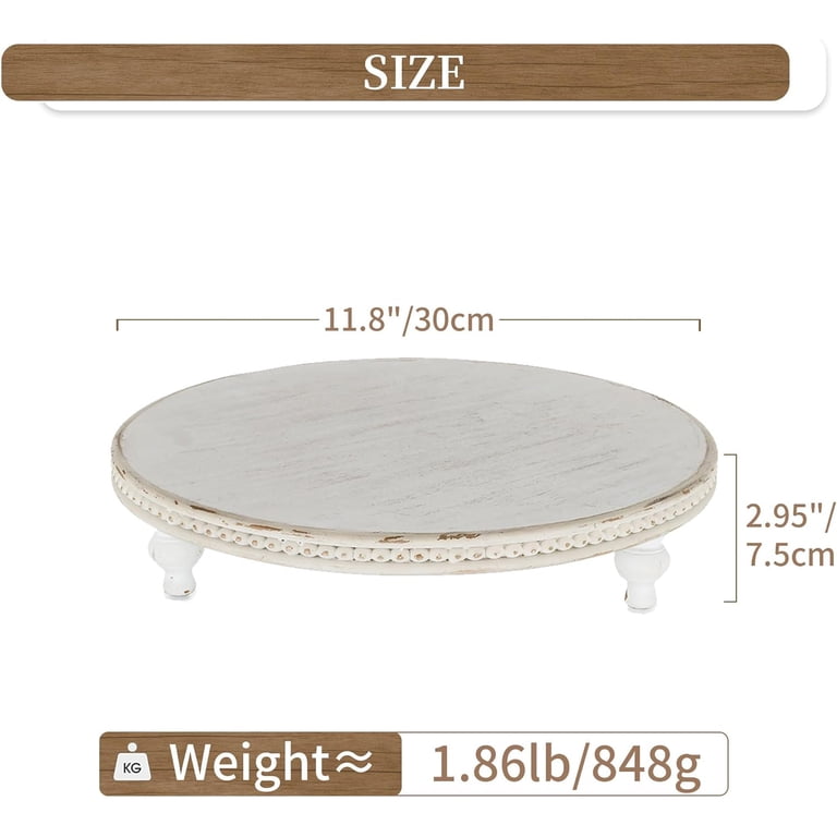 Hanobe Farmhouse Round Pedestal Tray, Whitewashed Wood photo 6