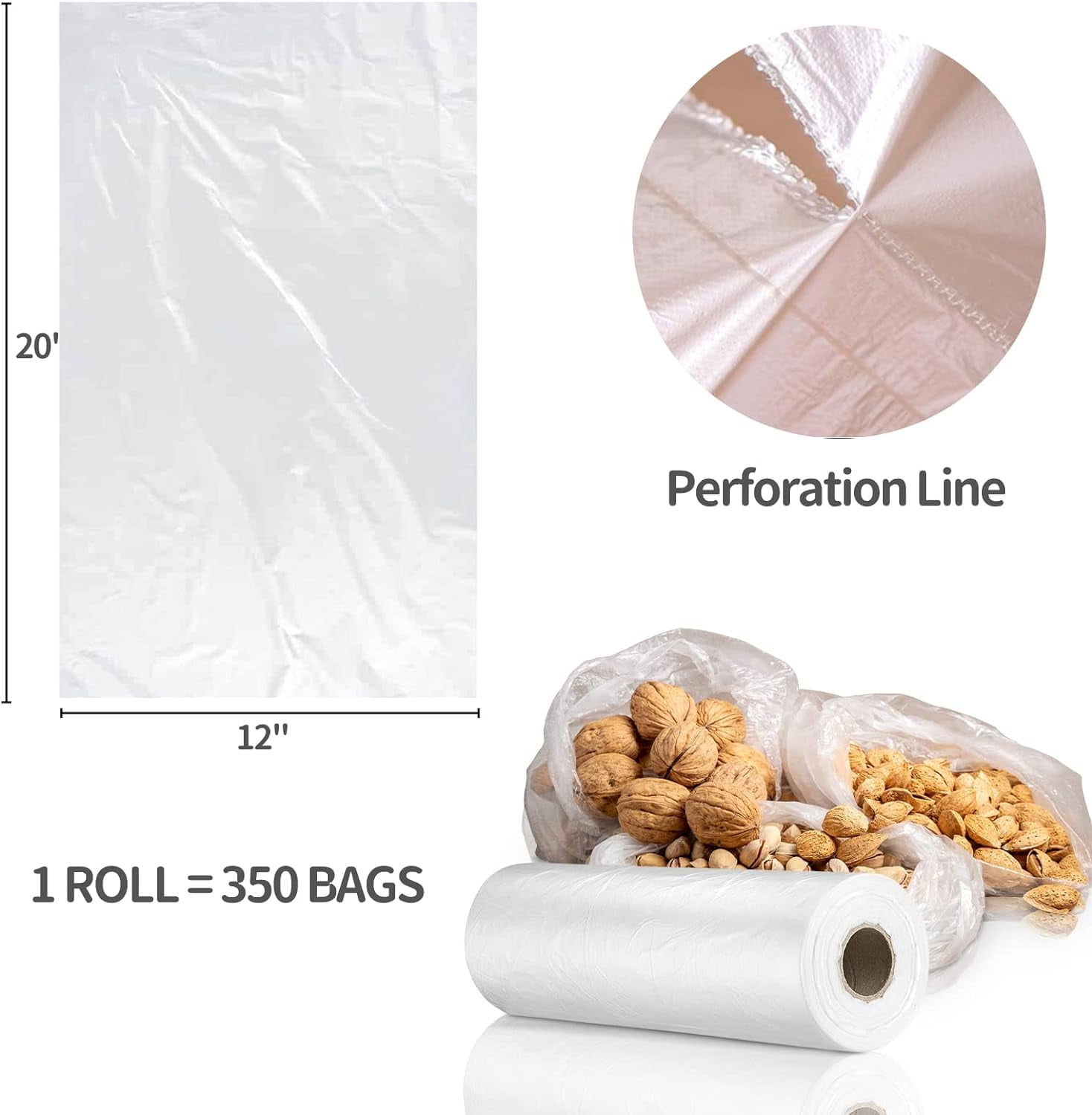 12” x 20” Plastic Produce Bags, Food Storage Bags 350pcs on a Roll, Clear Produce Bag for Food Vegetable Bread Fruit Meat - 1 Roll