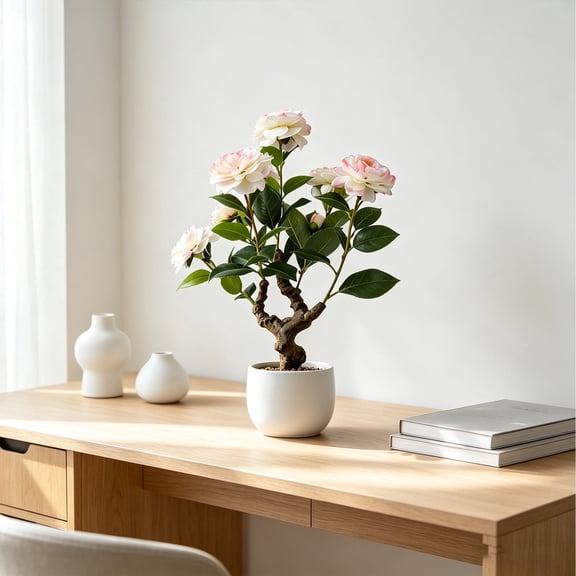 TOARTi 1.8ft Camellia Bonsai Tree Faux White Flower Plant With Plastic Planter For Home Office Living Room Bedroom Indoor Tabletop Desk