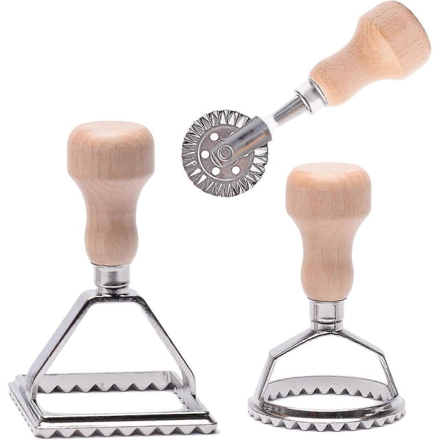 Cookie Cutter Shaper, Dumpling Wheel Shaper with Wooden Handle and Serrated Edge Noodle Press Kitchen Attachmen - Set of 3