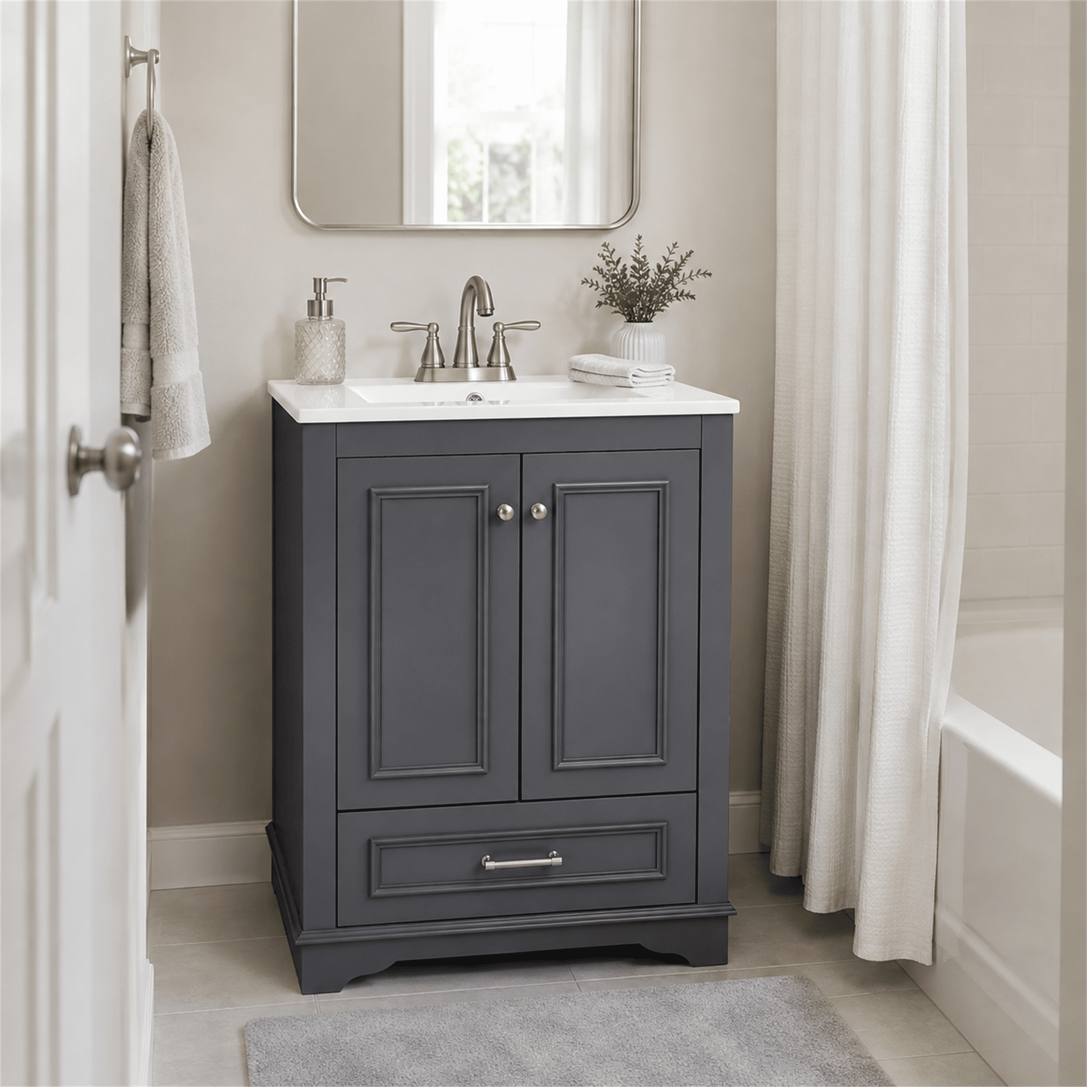 Homy Casa 24" Bathroom Vanity with Ceramic Sink, 2 Doors and Drawer for Small Bathroom, Dark Gray