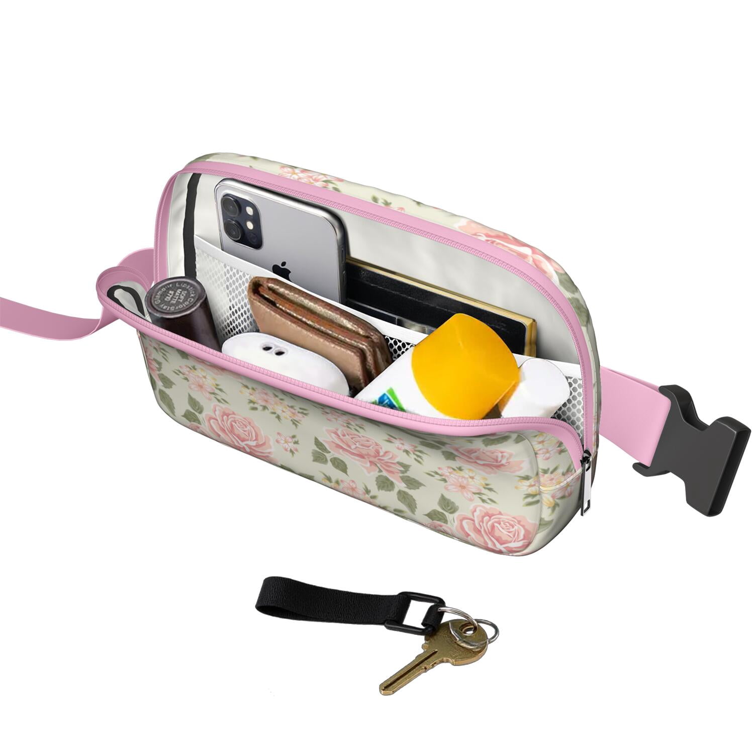 Bright Floral Fanny Pack – Summer Garden Waist Bag with Artistic Bloom, Peonies, Bees & Tropical Leaf Accents