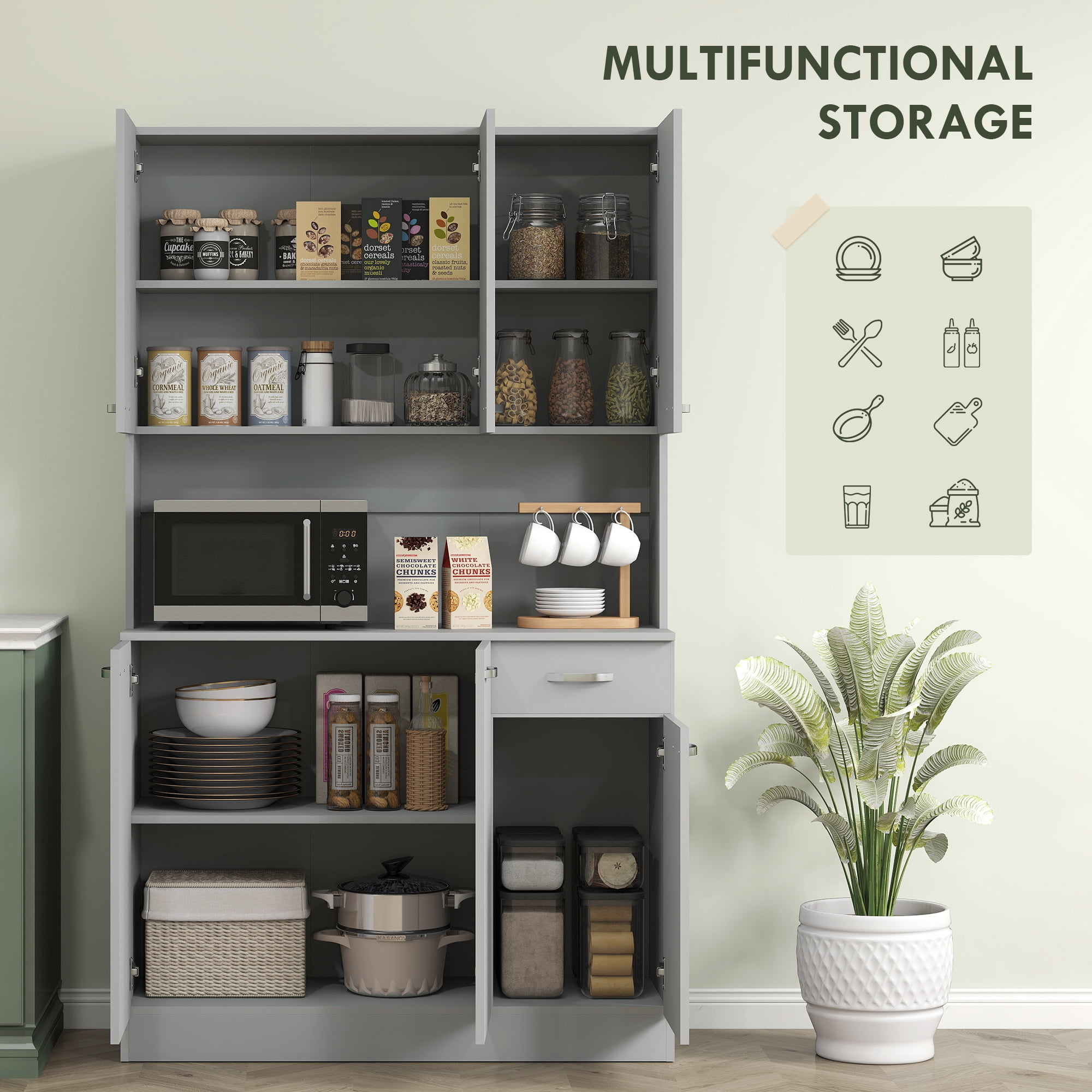 HOMCOM 71" Freestanding Buffet with Hutch, Kitchen Pantry, Cupboard with 6 Doors, 3 Adjustable Shelves, and 1 Drawer, Gray