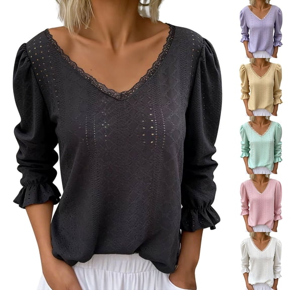 Endives Women's Long Sleeve T Shirt Lace Mesh Hollow V Neck Casual Womens Top Spring Trendy White