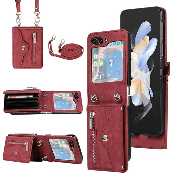 REQO Phone Case for Samsung Galaxy Z Flip 5 5G Wallet Cover with Shoulder Crossbody Strap Lanyard Credit Slot Card Holder Stand Leather Mobile Cell Accessories ZFlip5 Z5 Flip5 Women Men Girls Red