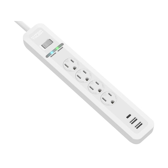 Hyper Tough 4 Outlet Surge Protector Power Strip with USB, 10 ft Braided Cord, White