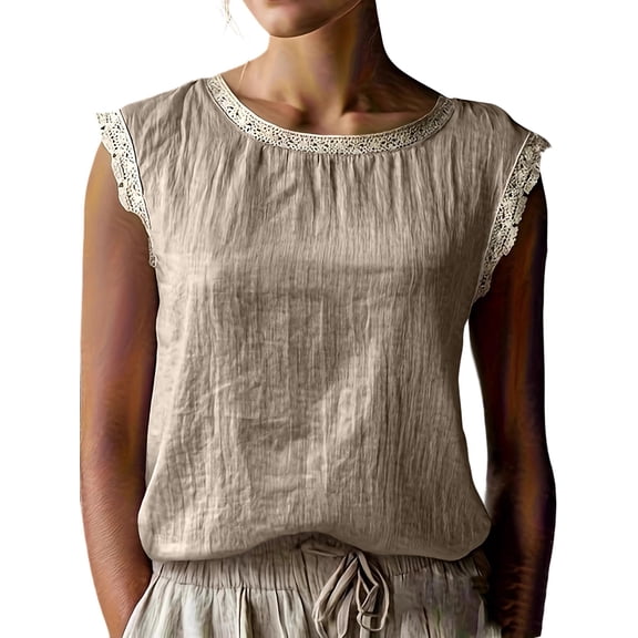 Women'S Crew Neck Casual Cap Sleeve Tops Lace Patchwork Basic Summer Loose Fit Blouse Color M