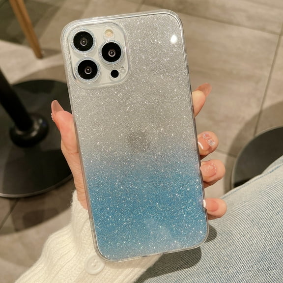 Compatible with iPhone 13 Pro Max Case, Luxury Sparkly Bling Gradient for Women Girls Soft TPU Frame Glass Glitter Paper Shockproof Anti-Scratch Protective Case Cover for iPhone 13 Pro Max, Blue