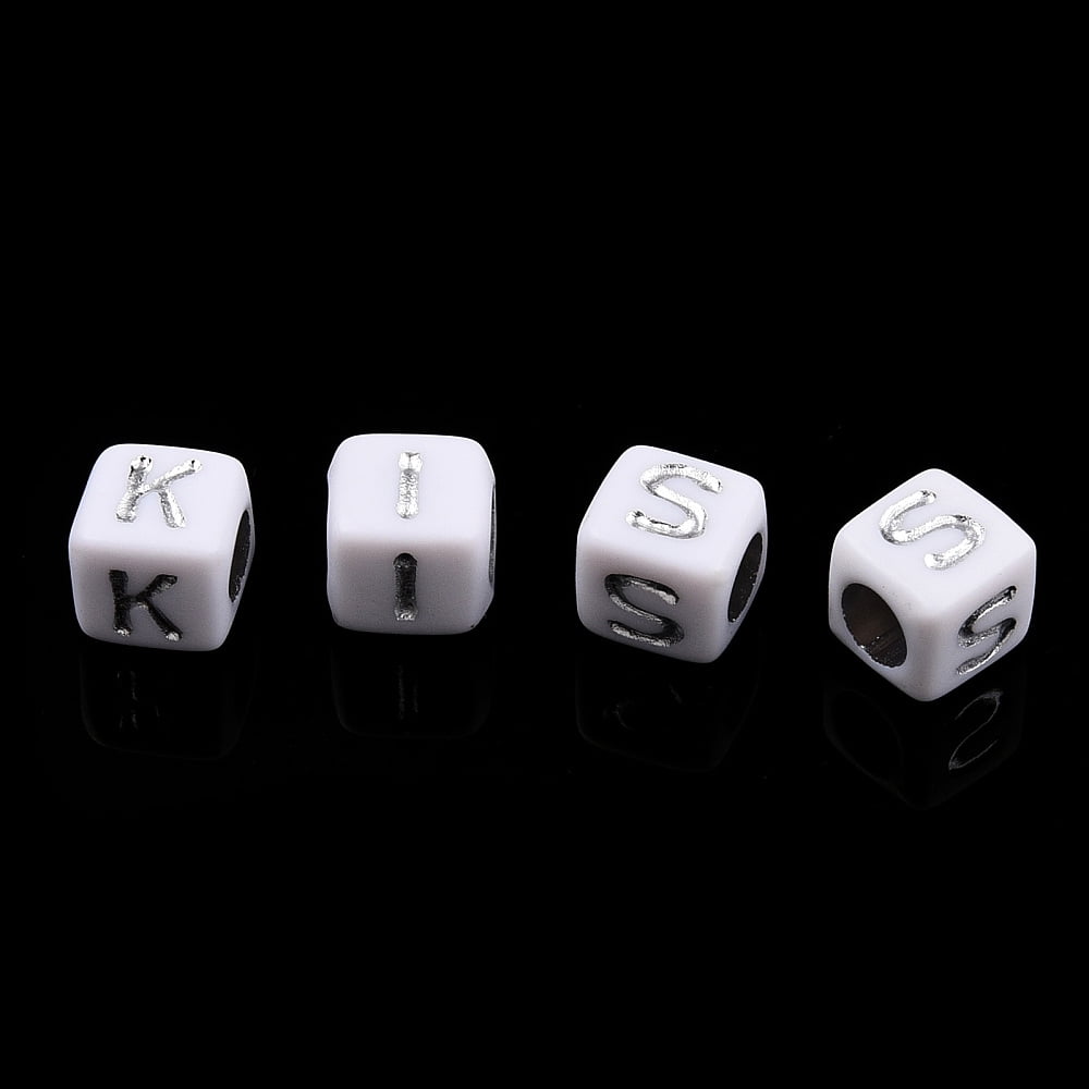 Plating Acrylic Beads Silver Metal Enlaced Mixed Letters Cube Letter A~Z 5.5~6x5.5~6x5.5~6mm Hole: 3.5mm 3000pcs/500g