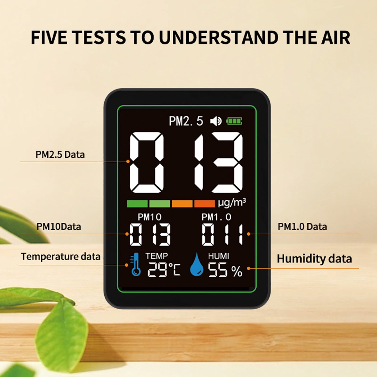 5-in-1 Indoor Air Quality Monitor with LCD Color Screen - Real-Time PM1.0 PM2.5 PM10, Temperature & Humidity Sensor, USB-C Rechargeable, Portable Design