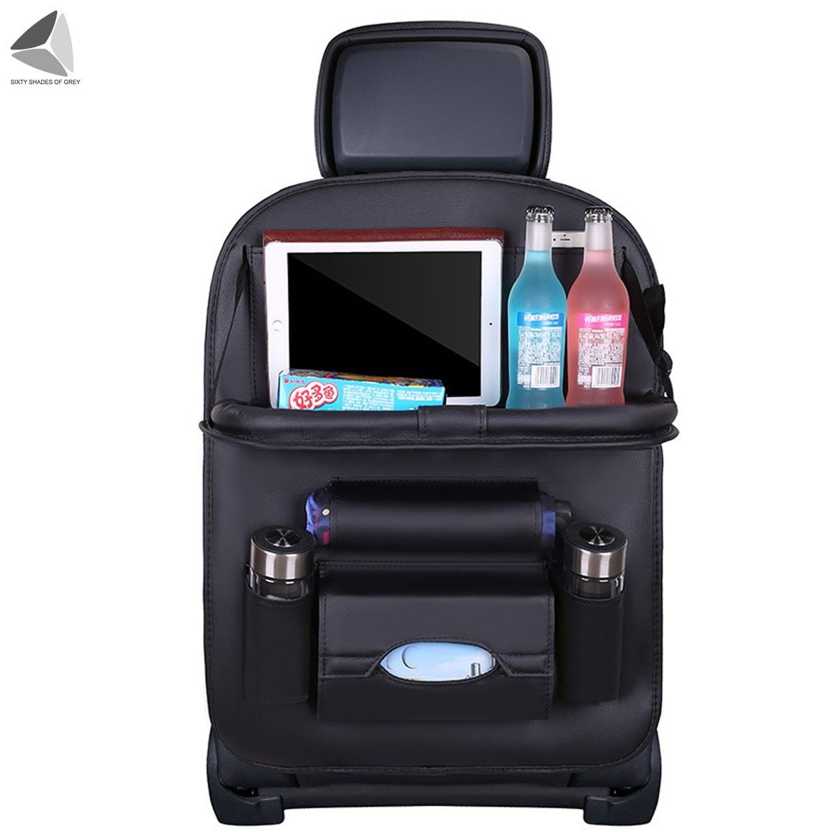 PULLIMORE Car Backseat Organizer with Foldable Tablet Holder, PU Leather Car Storage Protectors Seat Kick Mats Cup Holder Car Universal Use Covers (Black)