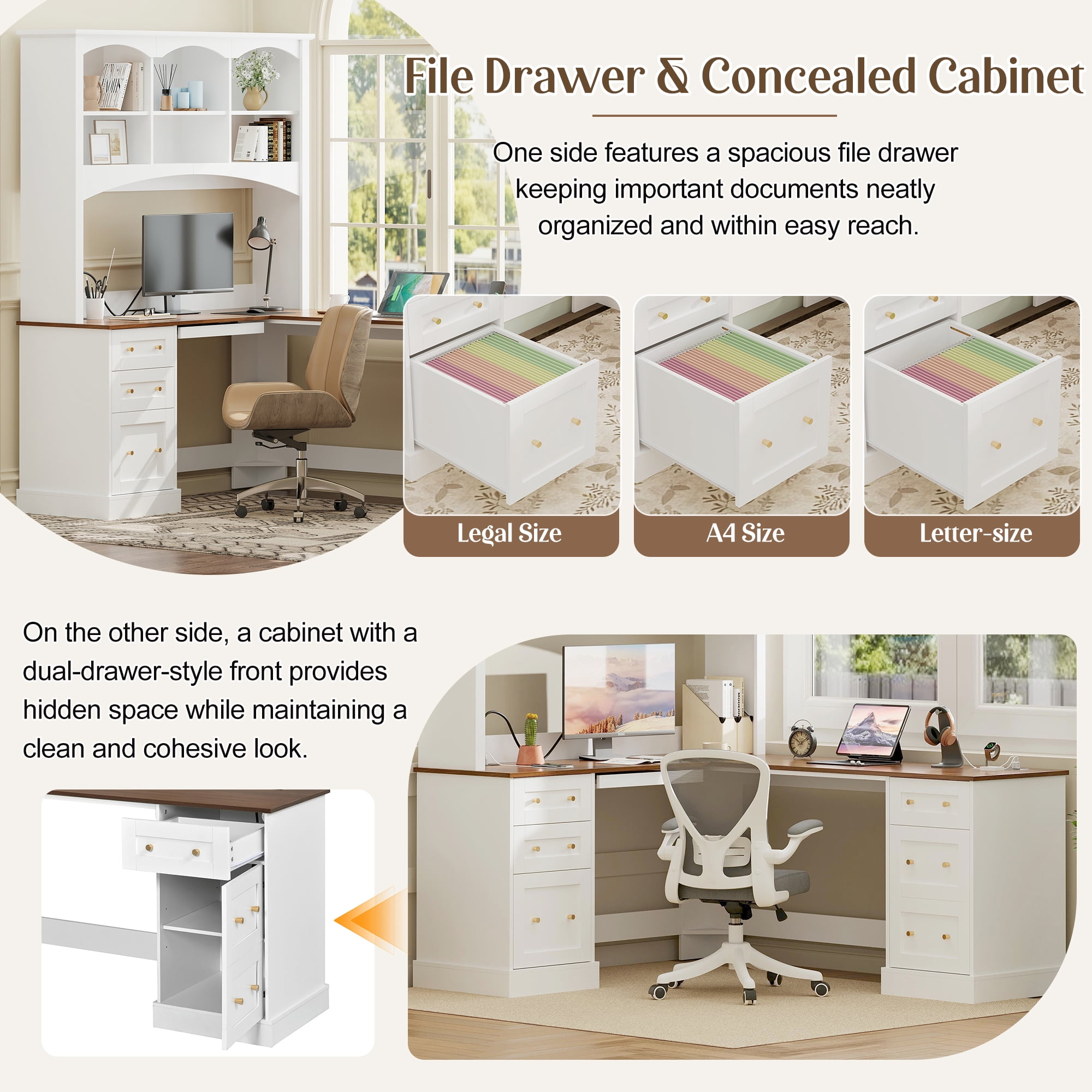 L Shaped Corner Computer Desk,Rustic Home Office Desk with Keyboard Tray & Charging Stations, All-in-One Home Office Desk with Arched Hutch for Bedroom,White
