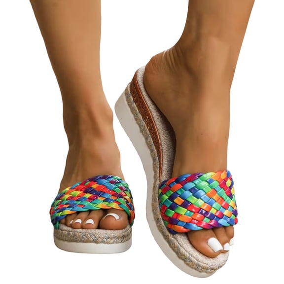Rokment Women's Multicolor Woven Platform Wedge Slides Sandals Boho Beach Casual Open Toe Espadrilles Chunky High Heels Dress Slip on for Summer 2026 Multicolour Size 6