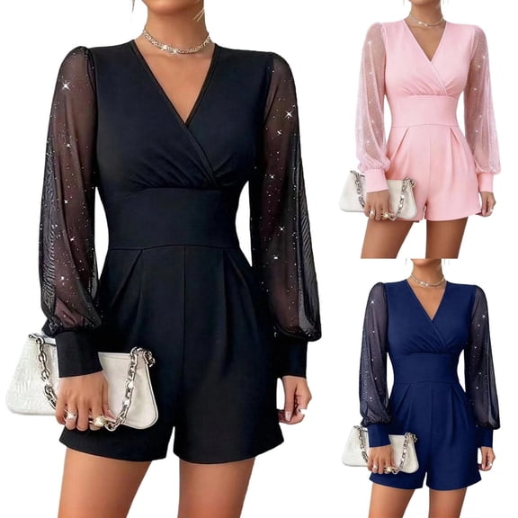 Lovzfmll Women's Playsuit, V-Neck Long Sleeve with Mesh & Puff Sleeve, Dressy Wide Leg Short Romper Black, S