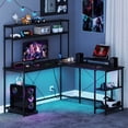 thumbnail image 2 of Costway L-Shaped Gaming Desk with LED Strip & Power Outlets Hutch Monitor Stand CPU Stand Black, 2 of 10