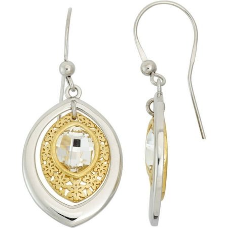 Giuliano Mameli Centered Crystal 14kt Gold-Plated Sterling Silver Matte-Finished Marquise-Shape Flower Pattern White Polished Frame Drop Earrings