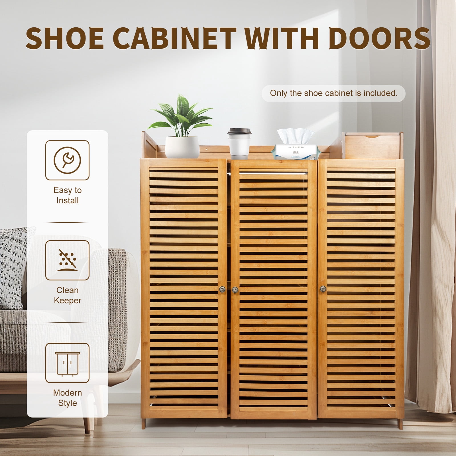 DUYIWAA 7-layer Bamboo Shoe Storage Rack Entryway 3-Door Shoe Cabinet Shoes Boots Organizer