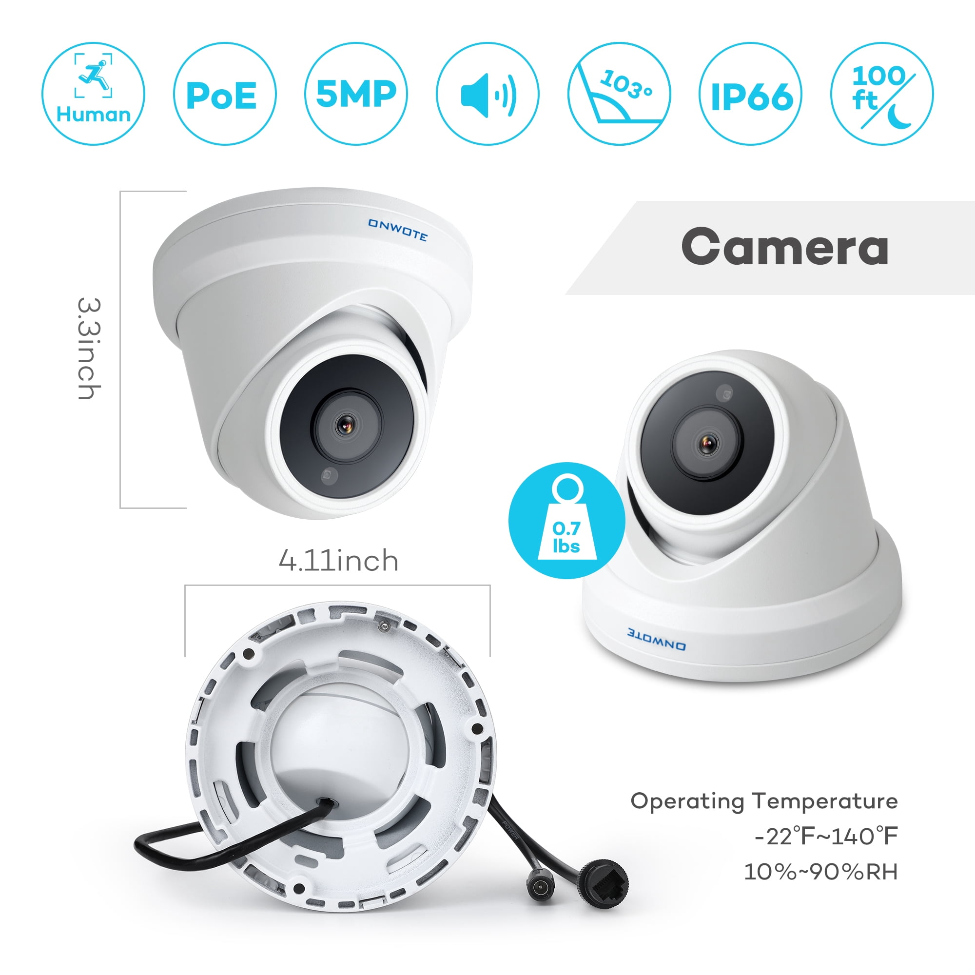 ONWOTE Super HD PoE IP Security Camera with Audio, Smart AI Human Detection, 2592 x 1944 5 Megapixels, Indoor/ Outdoor, 100ft IR, Wide View Angle, IP66, Add on Camera