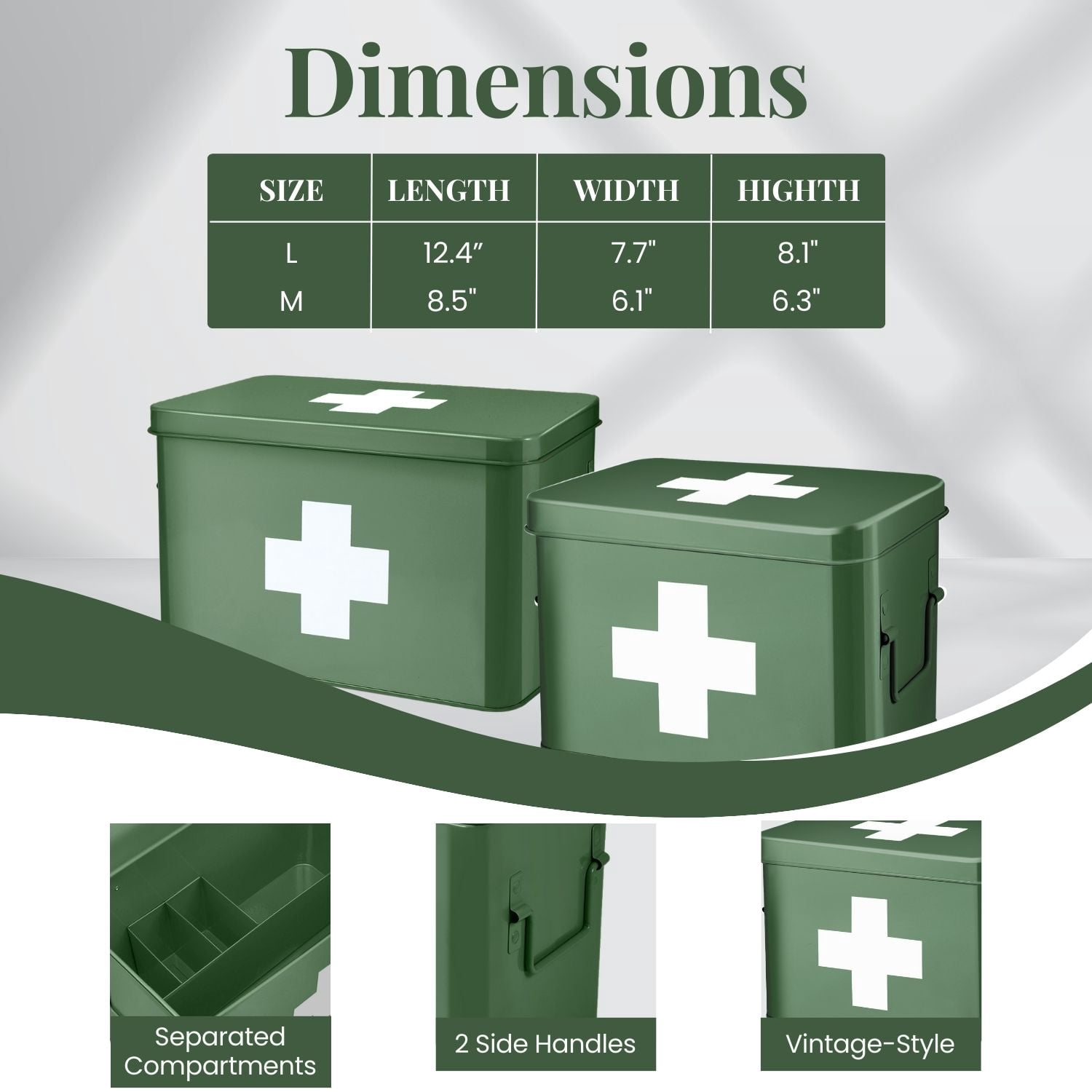 First Aid Medicine Box Supplies Kit Organizer - 12.5" Green Metal Tin Medic Bin Hard Case with Removable Tray Handle Storage Compartment, Vintage Antique Empty Boxes for Home Family Emergency Tool