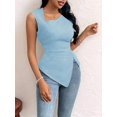 thumbnail image 4 of Womens Asymmetric Neck Slim Fit Cropped Solid Color Tshirt Elegant Basic Top Casual Chic Tee Light Blue S, 4 of 9