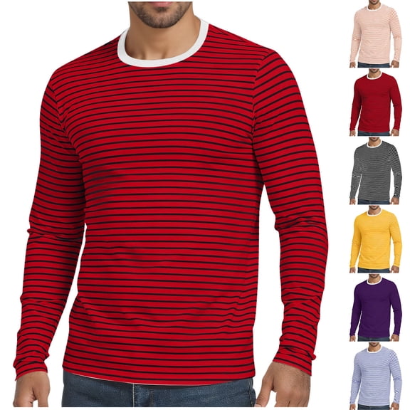 Men's Long Sleeve Striped T-Shirts Crew Neck Jersey Knit Top Classic Horizontal Stripe Regular Fit Pullover Soft Stretch Breathable Tee Casual Daily Wear Pajama
