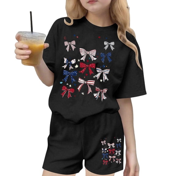 Atogsazn Childrens Girls 4th of July Clothes Set Kids Casual Loose Fit Short Sleeve T-shirt & Shorts Outfit Summer Black 7-8Years Fashion